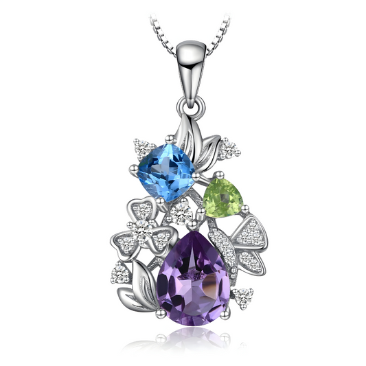 Collier Améthyste Argent pendentif floral en métal argenté orné d’une améthyste goutte facettée, topaze bleue carrée, péridot marquise et petits zircons blancs