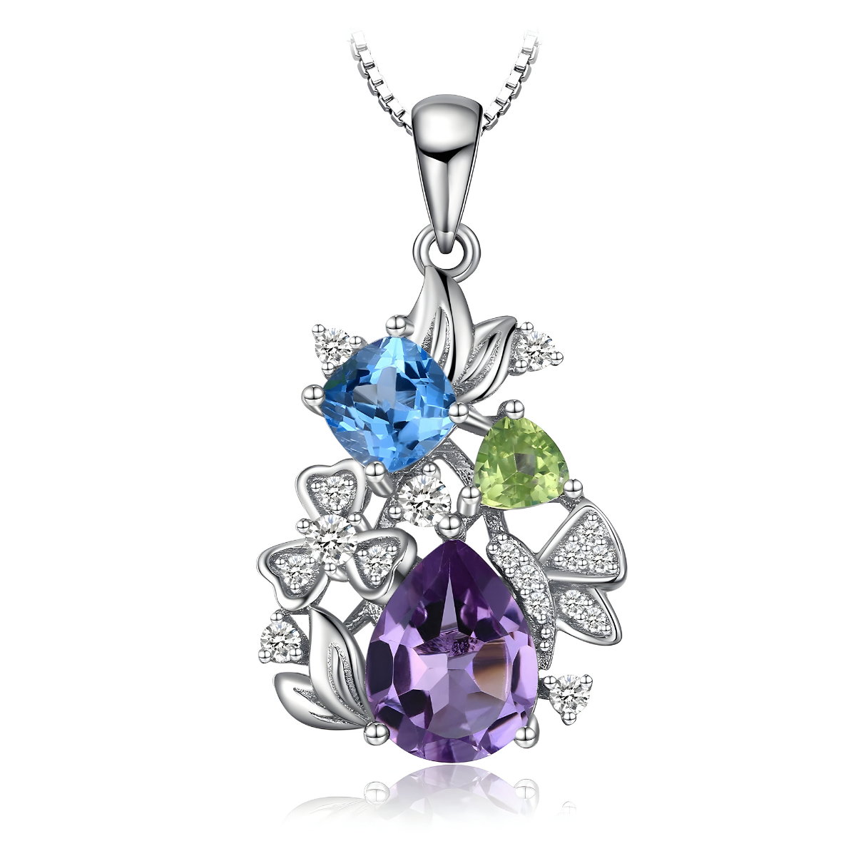 Collier Améthyste Argent pendentif floral en métal argenté orné d’une améthyste goutte facettée, topaze bleue carrée, péridot marquise et petits zircons blancs