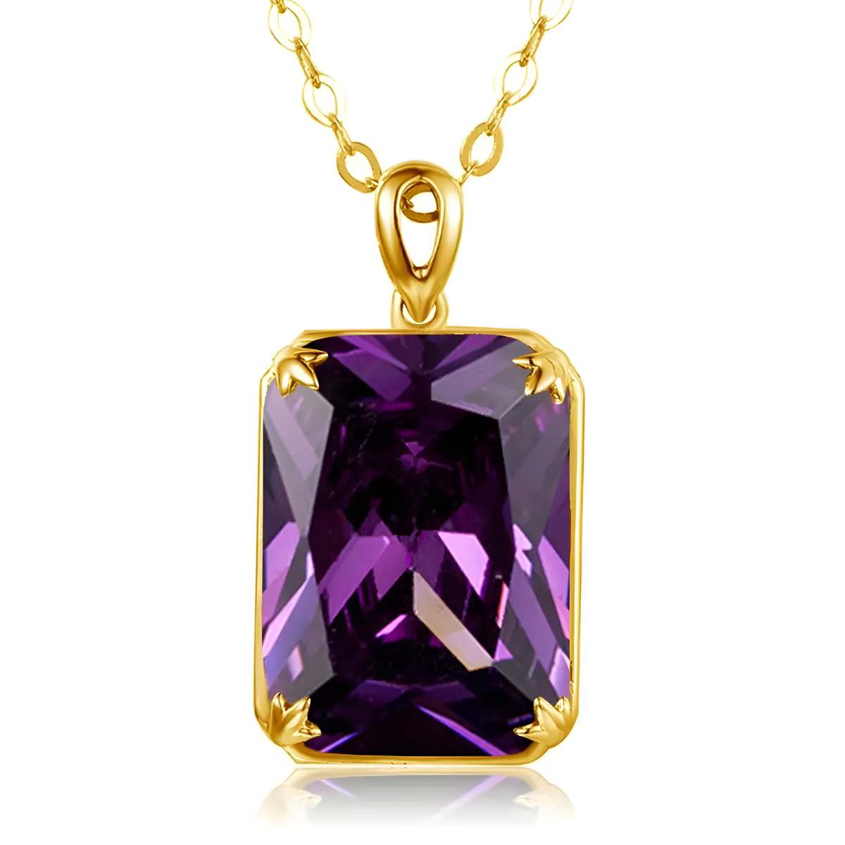 Collier Améthyste Or pendentif rectangle en pierre naturelle facettée violet profond, serti quatre griffes sur monture métal doré avec bélière élégante