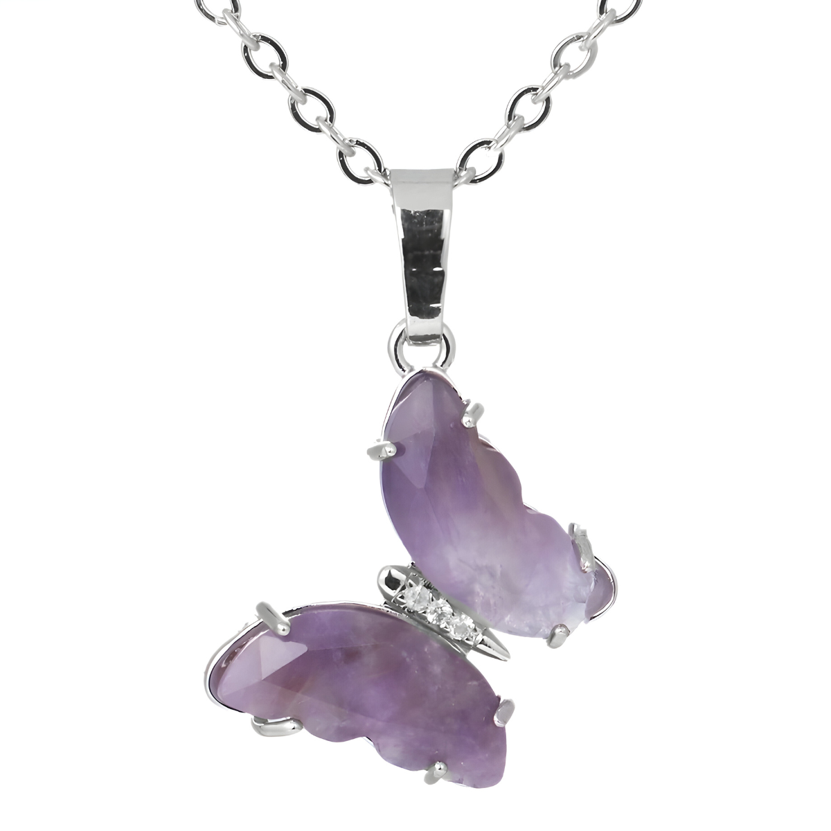 Collier Améthyste brut pendentif papillon en pierres naturelles améthyste violette non polies serties sur monture métal argenté avec chaîne fine