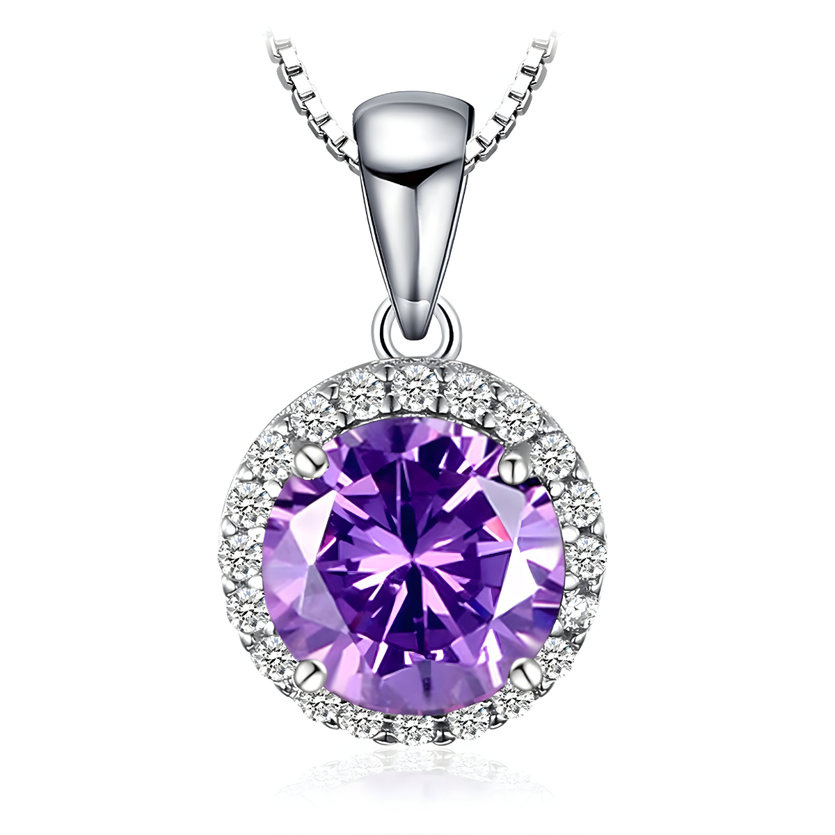 Collier Améthyste Argent pendentif rond en pierre naturelle violette facettée, serti quatre griffes en métal argenté, suspendu à une chaîne ajustable