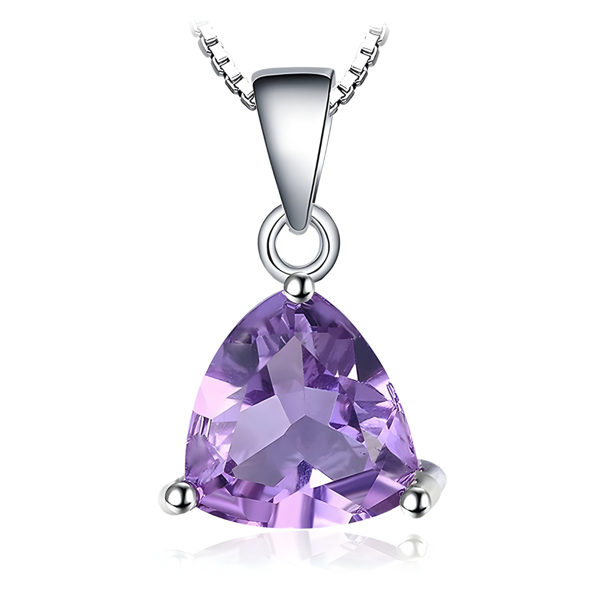 Collier Améthyste Argent pendentif triangulaire en pierre naturelle violette facettée, serti trois griffes en métal argenté et suspendu à une chaîne