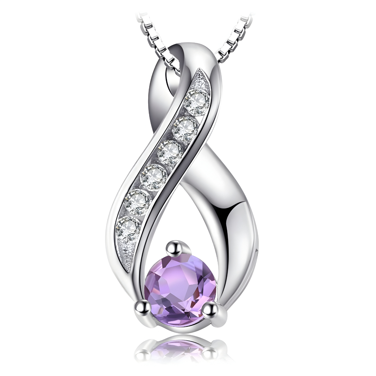 Collier Améthyste Argent pendentif infini en métal argenté orné d’une améthyste ronde facettée violette et de six petits zircons blancs sertis
