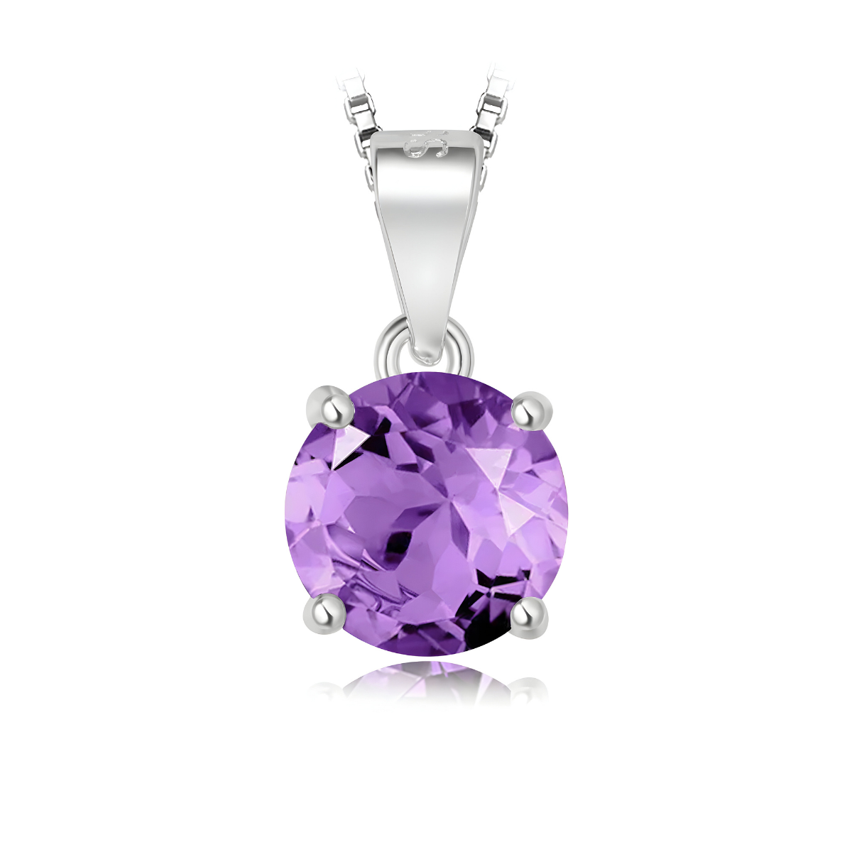 Collier Améthyste Argent pendentif rond en pierre naturelle violette facettée serti quatre griffes en métal argenté, suspendu à une chaîne fine ajustable