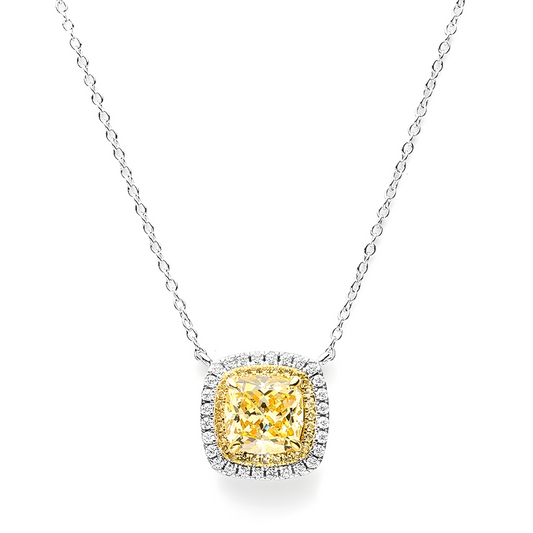 Collier Citrine pendentif carré coussin pierre naturelle citrine jaune facettée, double halo de zircons serti métal argenté et doré sur chaîne fine