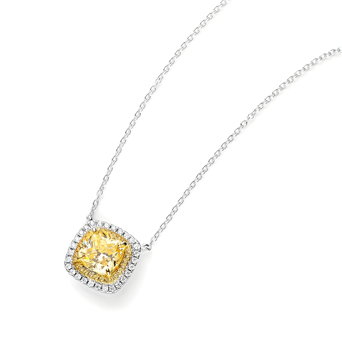 Collier Citrine pendentif carré coussin en pierre naturelle citrine facettée, double halo de zircons serti métal argenté et doré, chaîne fine ajustable