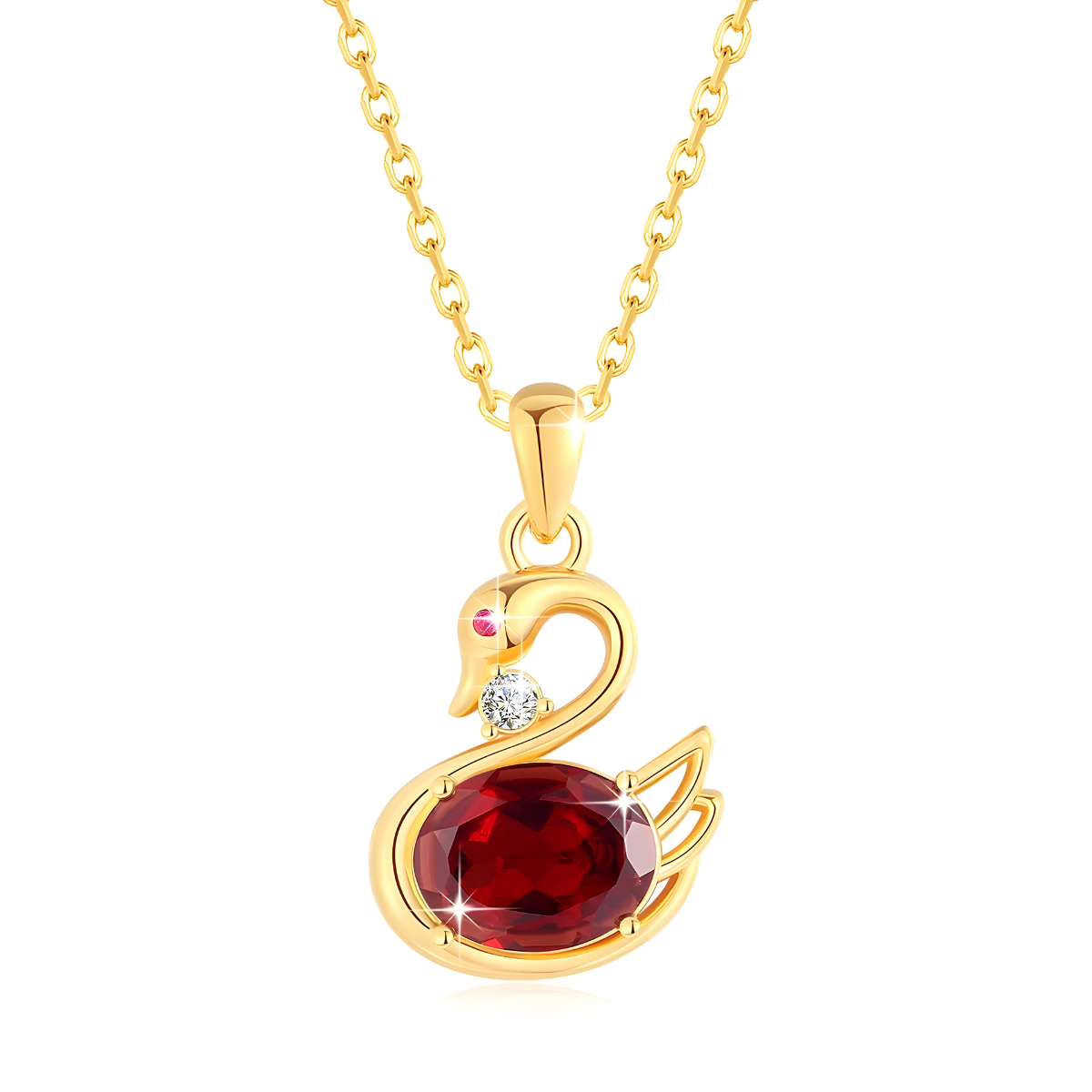 Un collier Grenat en or, avec un pendentif en forme de cygne orné d’une pierre rouge ovale et d’un petit cristal clair