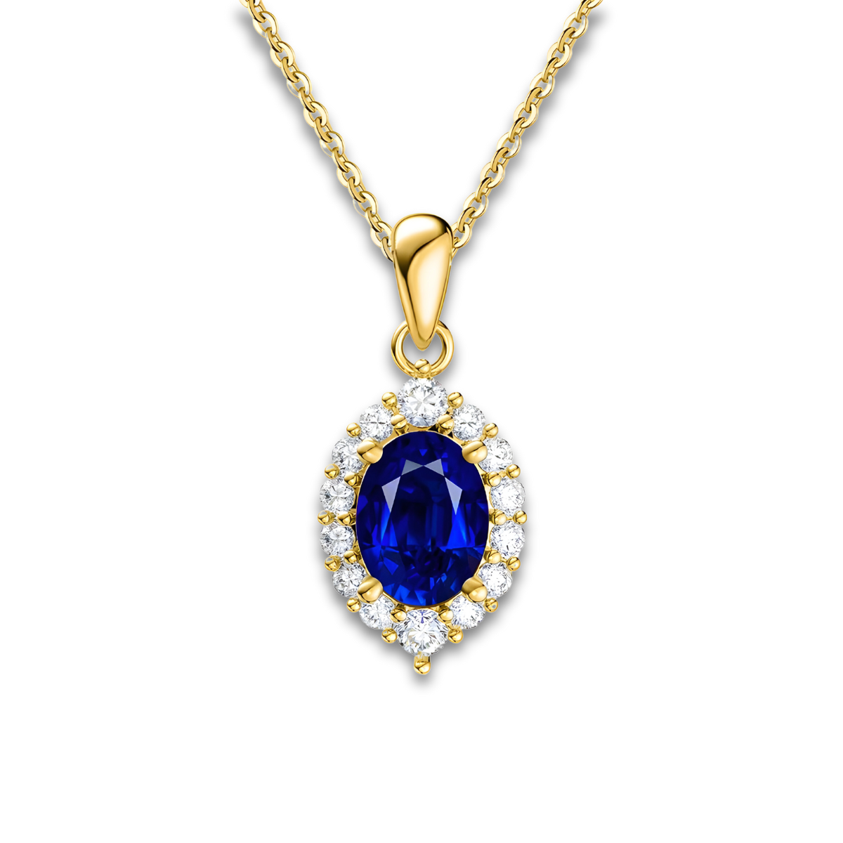 Collier Lapis Lazuli or avec pendentif ovale bleu profond entouré de cristaux transparents sertis en métal doré, suspendu à une chaîne fine dorée