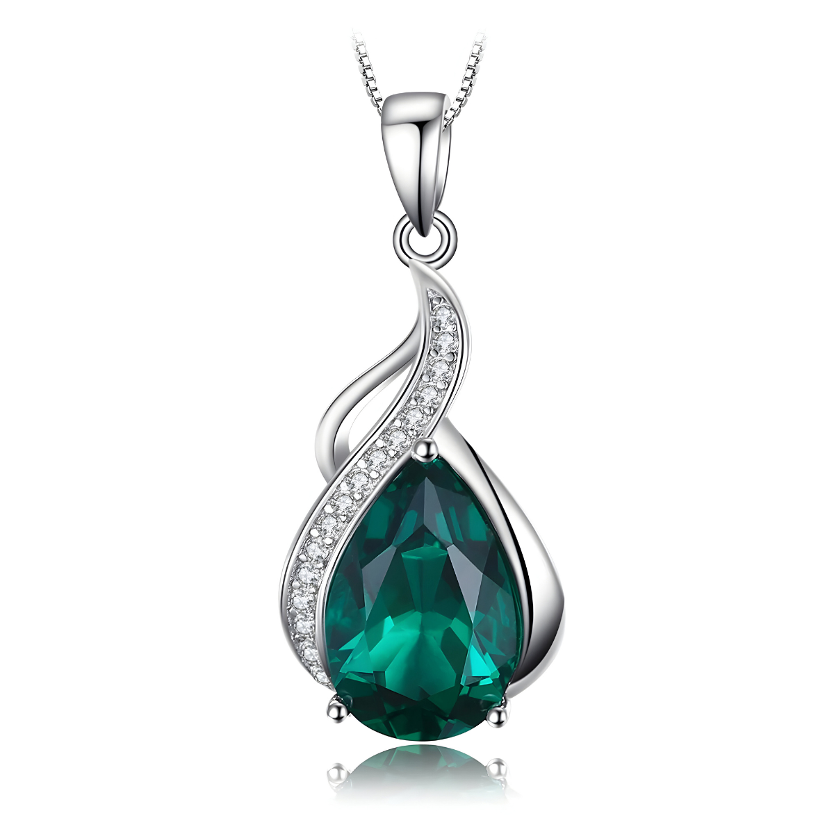 Collier Malachite goutte émeraude en serti argent, rehaussé d’un motif courbe incrusté de cristaux, suspendu à une fine chaîne argentée