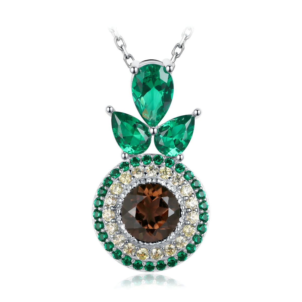 Collier Malachite avec un pendentif circulaire marron entouré de cristaux verts et blancs, surmonté de trois pierres vertes