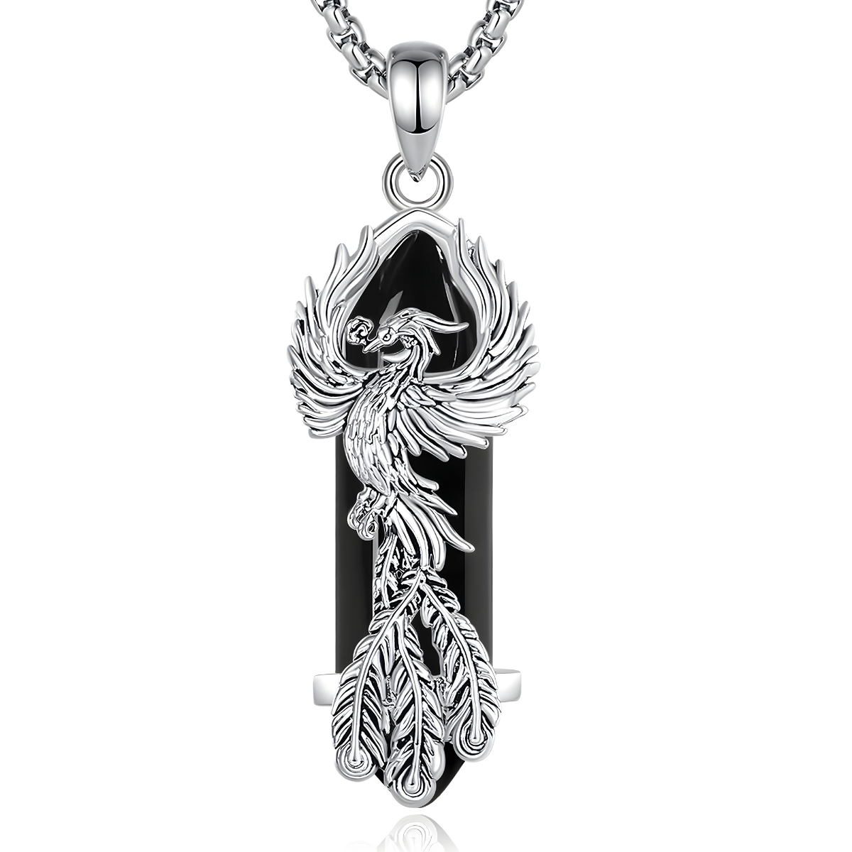 Collier obsidienne avec pendentif en cristal noir taillé, orné d’un phénix argenté aux ailes et plumes finement détaillées
