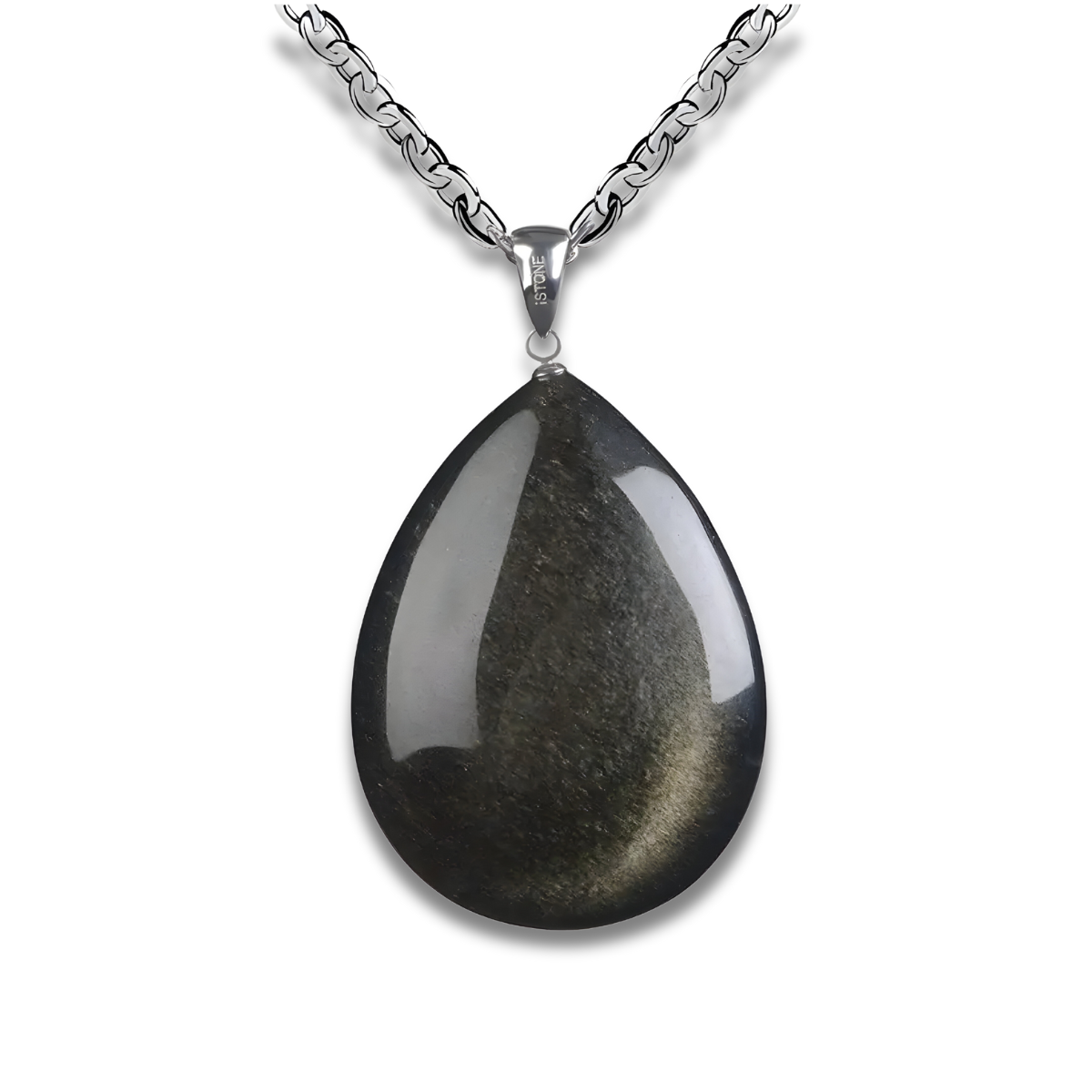 Collier obsidienne avec pendentif en forme de goutte, poli et monté sur une chaîne argentée à maillons fins