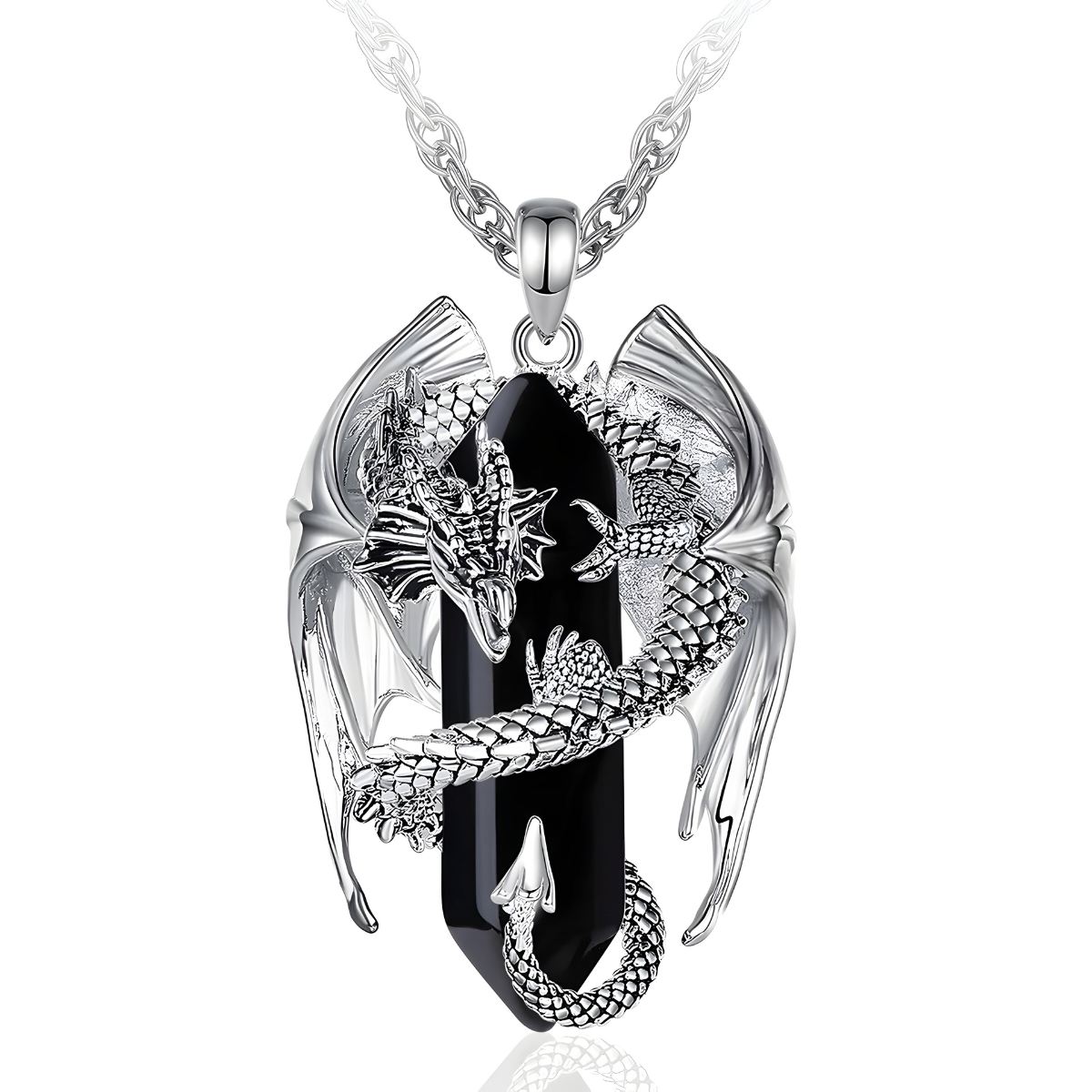 Collier obsidienne avec pendentif en forme de dragon argenté enroulé autour d’une pierre noire taillée en pointe