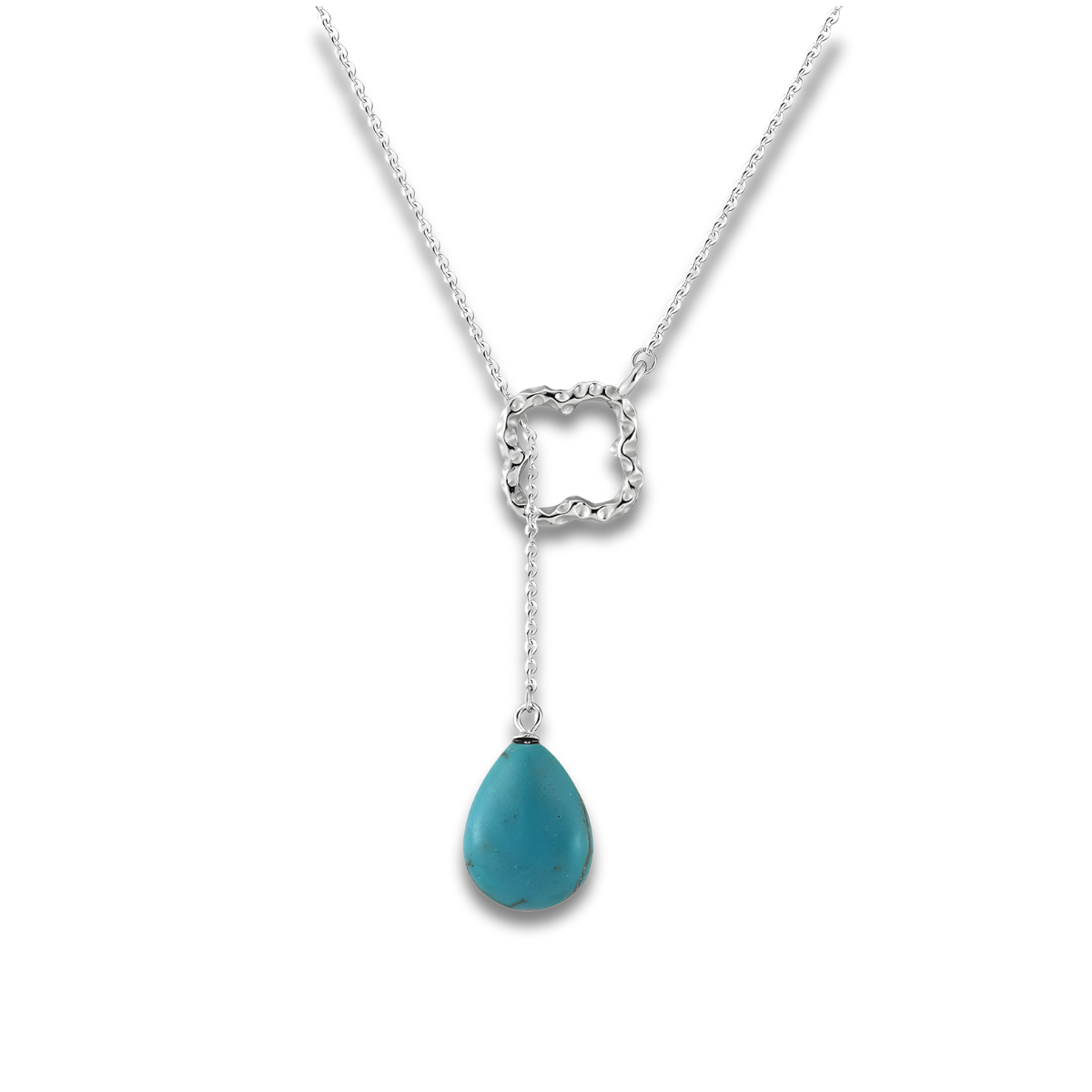 Un Collier Turquoise Fin en argent, composé d’un anneau texturé et d’une pierre turquoise en forme de goutte suspendue