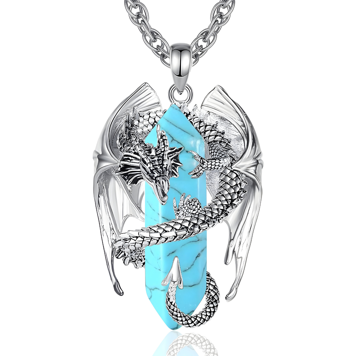 Un Collier Turquoise Fantaisie en argent, orné d’un pendentif dragon ailé enroulé autour d’un cristal turquoise taillé en pointe