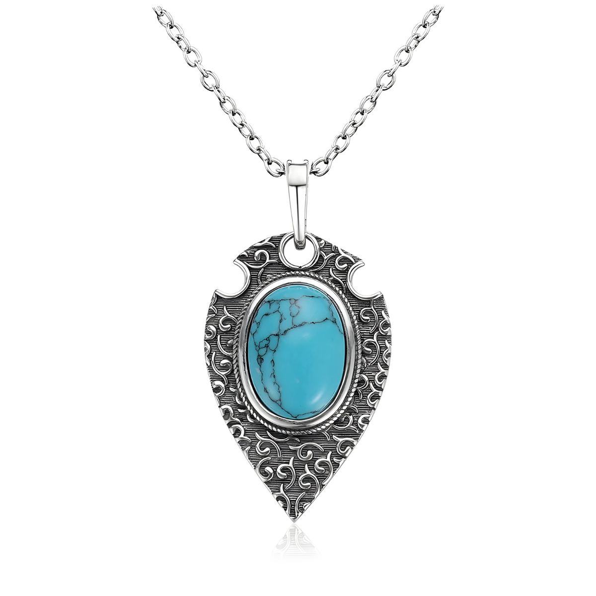Un Collier Turquoise Indien en argent, agrémenté d’un pendentif gravé en forme de goutte et d’une pierre turquoise ovale veinée