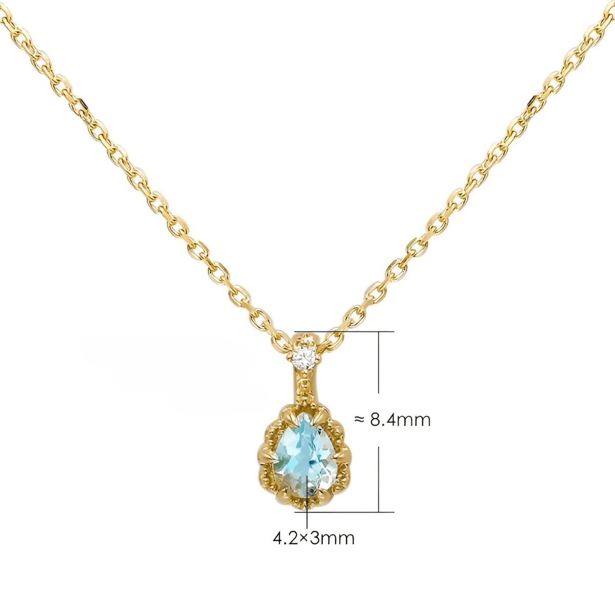 Collier aigue marine or avec pendentif en forme de goutte de 8,4 mm sur monture dorée, pierre bleue de 4,2 x 3 mm