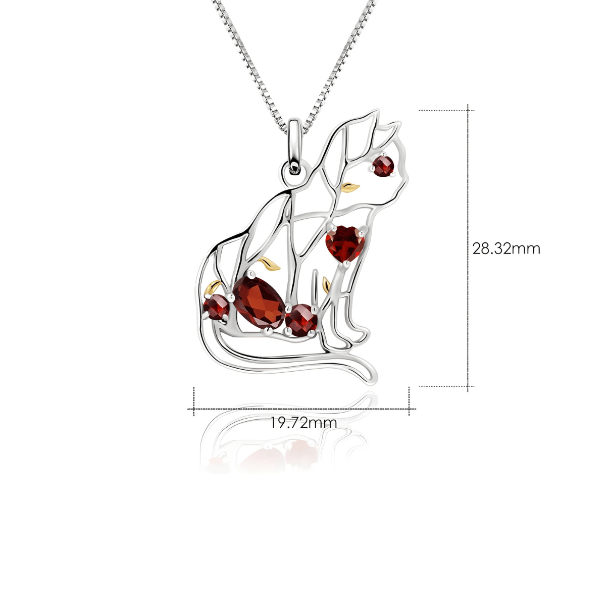 Collier grenat en forme de chat avec pierres rouges serties sur pendentif en argent ajouré