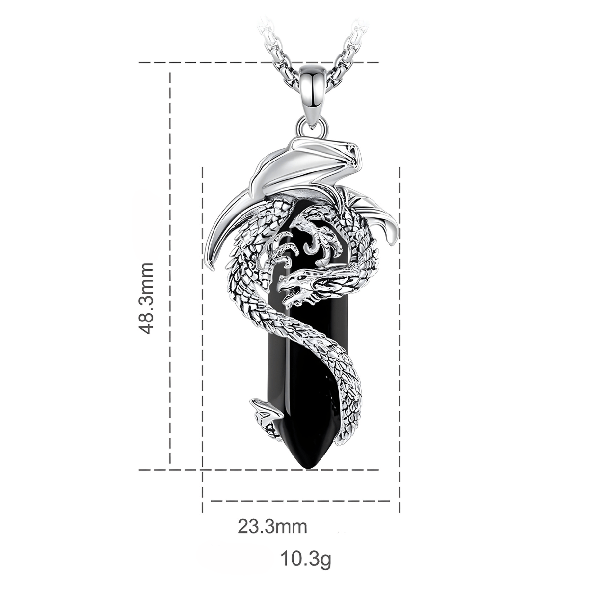 Collier obsidienne avec pendentif dragon argenté enroulé autour d’une pointe de pierre noire, dimensions 48,3 mm par 23,3 mm, poids 10,3 g