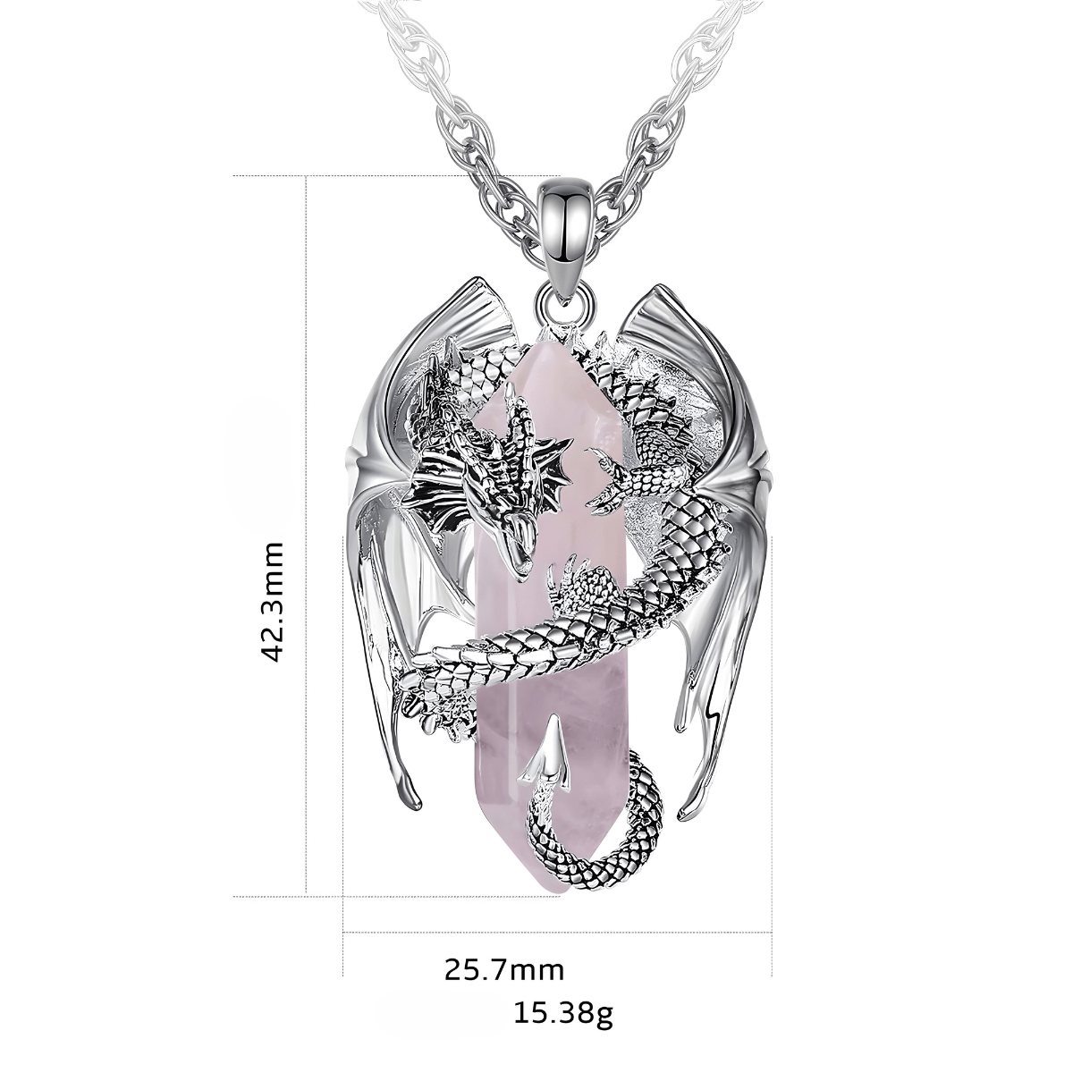 Collier quartz rose taillé en pointe de 42,3 mm avec pendentif dragon argenté de 15,38 g