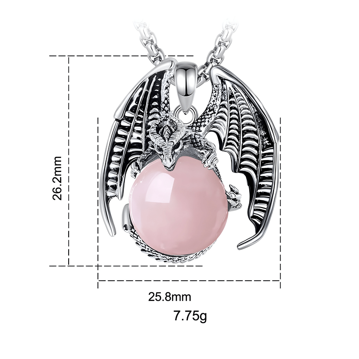 Collier quartz rose rond serti dans un pendentif dragon argenté de 25,8 mm pour 7,75 g