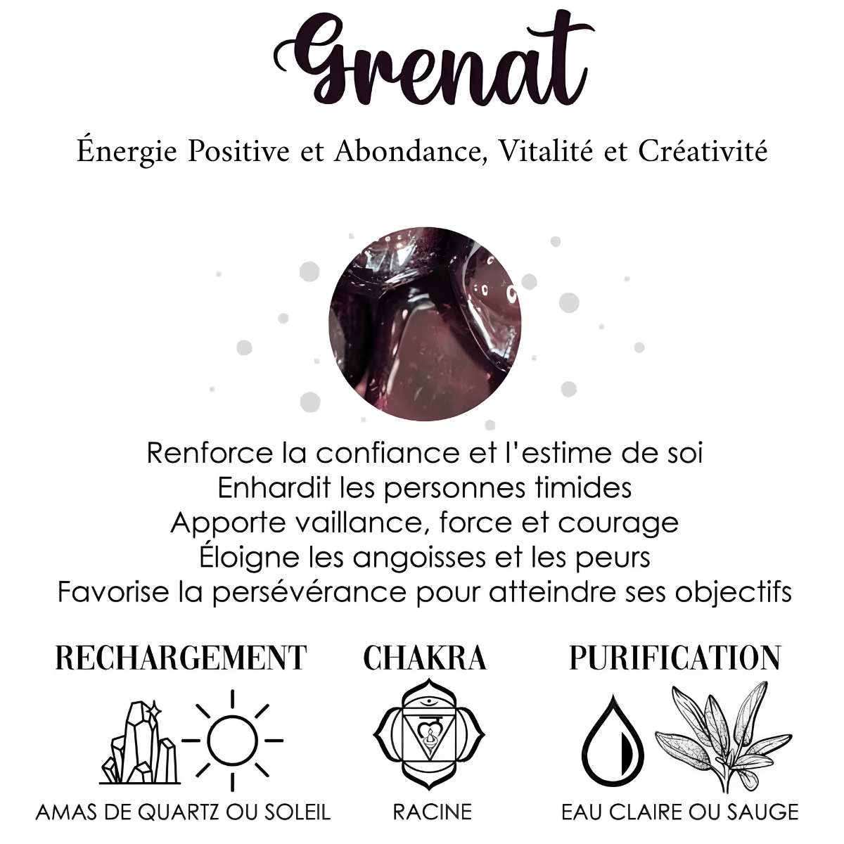 Fiche explicative sur le grenat indiquant ses vertus, méthode de purification à l’eau claire ou sauge et rechargement au soleil ou quartz.